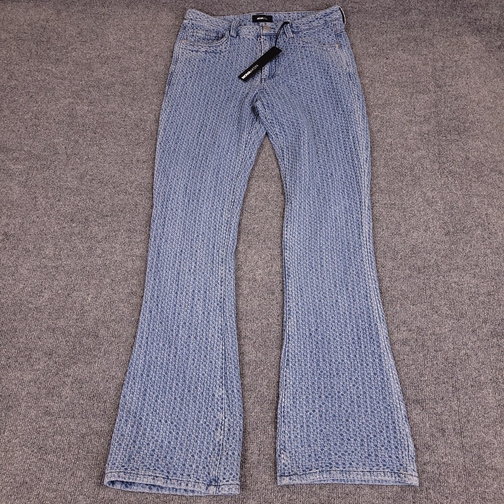 NovaMen Stacked Slim Flare Slit Jacquard Jeans Mens 30x32 Light Blue NWT Midrise